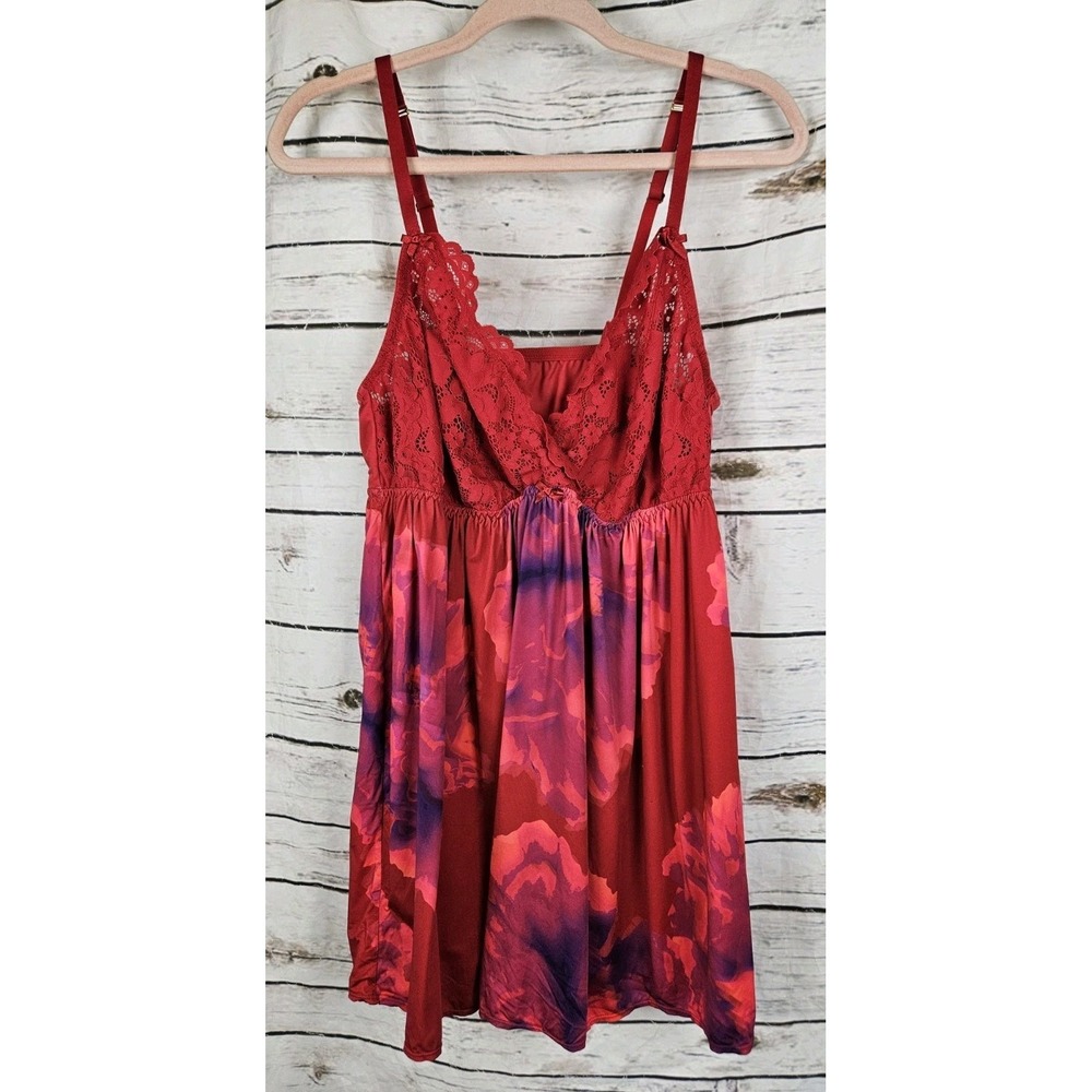 Cacique Red Floral Chemise Slip Dress Nightgown 14/16 Babydoll Lace Cups